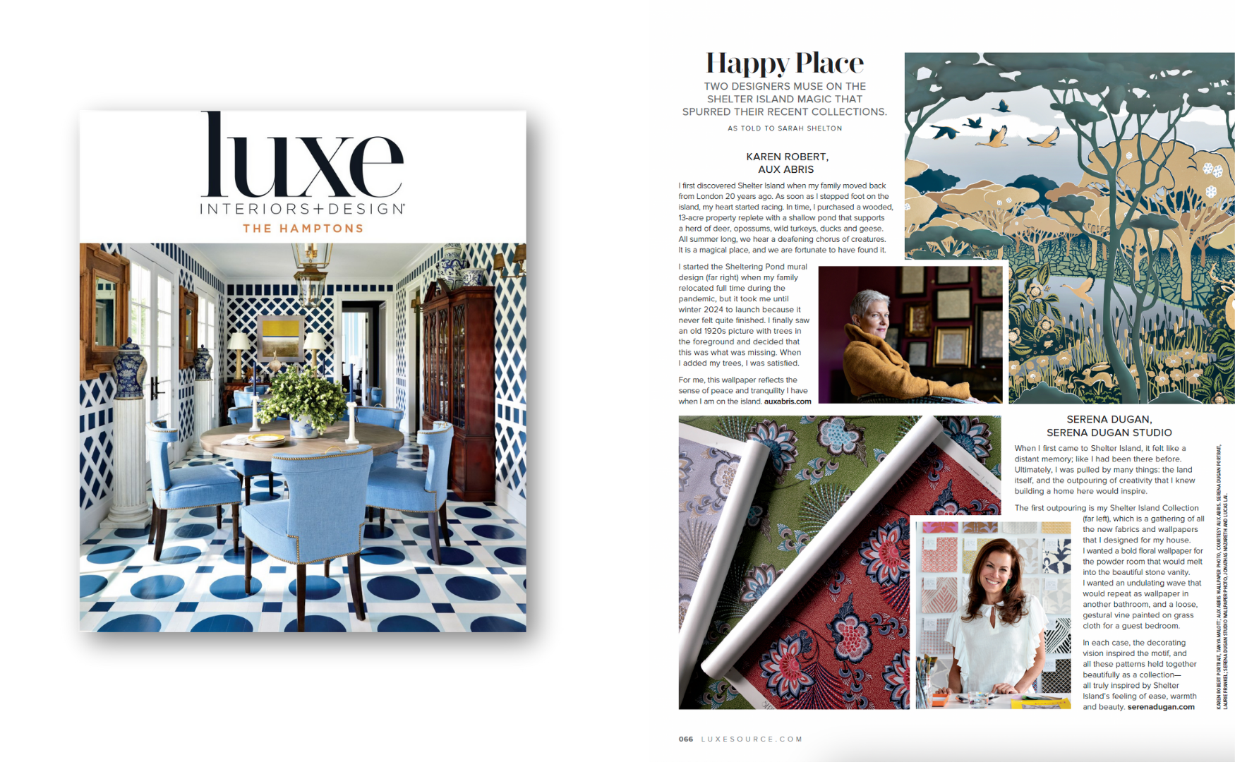 Magazine page featuring interior design and wallpaper patterns with text and photos of individuals.