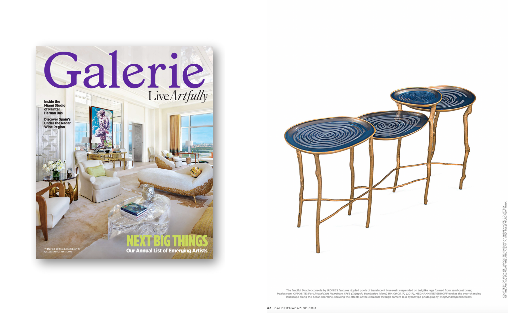 A magazine cover titled 'Gallerie' featuring an elegant living room with large windows, modern furniture, and artwork on the wall. Beside it, there is a set of three blue and gold side tables with a swirling pattern on the top surface.