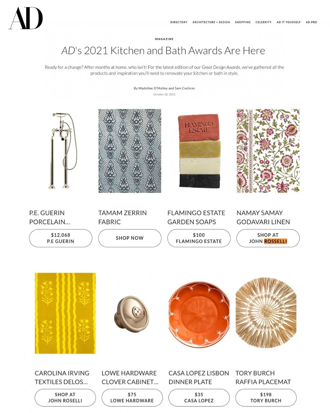 Screenshot of AD magazine's 2021 Kitchen and Bath Awards page featuring various home decor and design items including faucets, fabrics, soaps, textiles, hardware, dinnerware, and decorative objects.