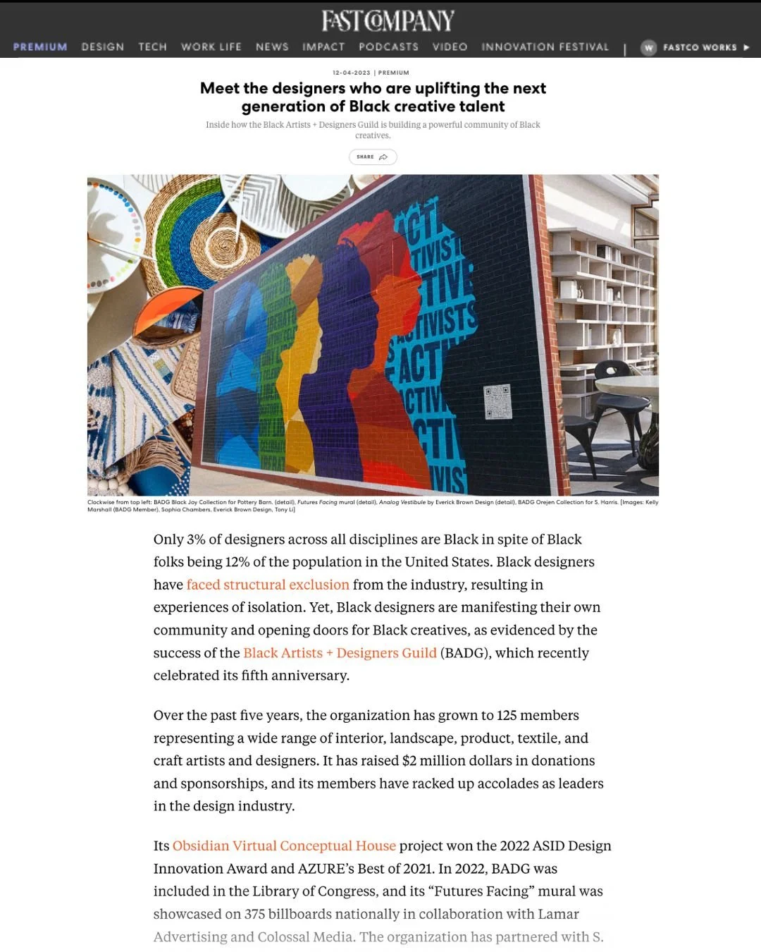 Online article titled 'Meet the designers who are uplifting the next generation of Black creative talent' featuring a colorful mural of silhouettes and text on a brick wall, surrounded by woven baskets, textiles, and furniture inside a creative works