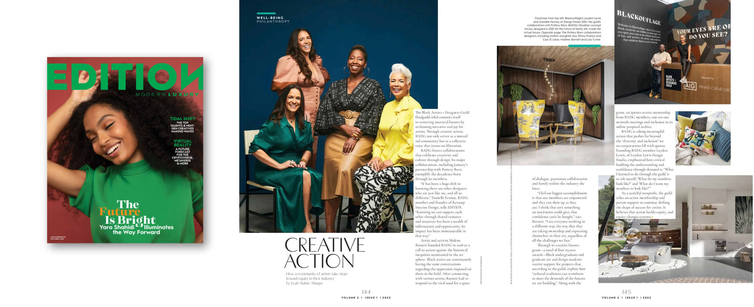 Open magazine pages featuring various images of women in creative settings, a decorated interior space, and text about art and design collaborations.