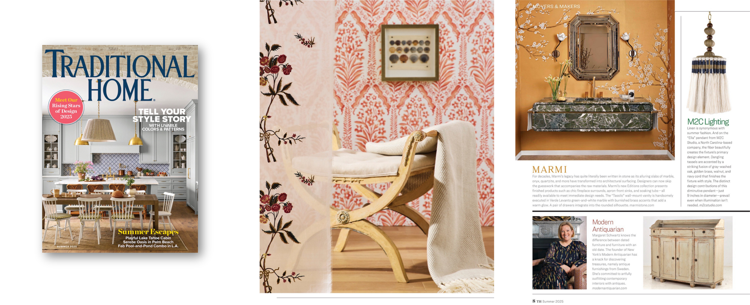 Interior design magazine pages showing a kitchen with white cabinets above a geometric blue backsplash, a dining table with white and tan chairs, a wall with red and white floral wallpaper, a cream armchair with gold accents, a bathroom vanity with a