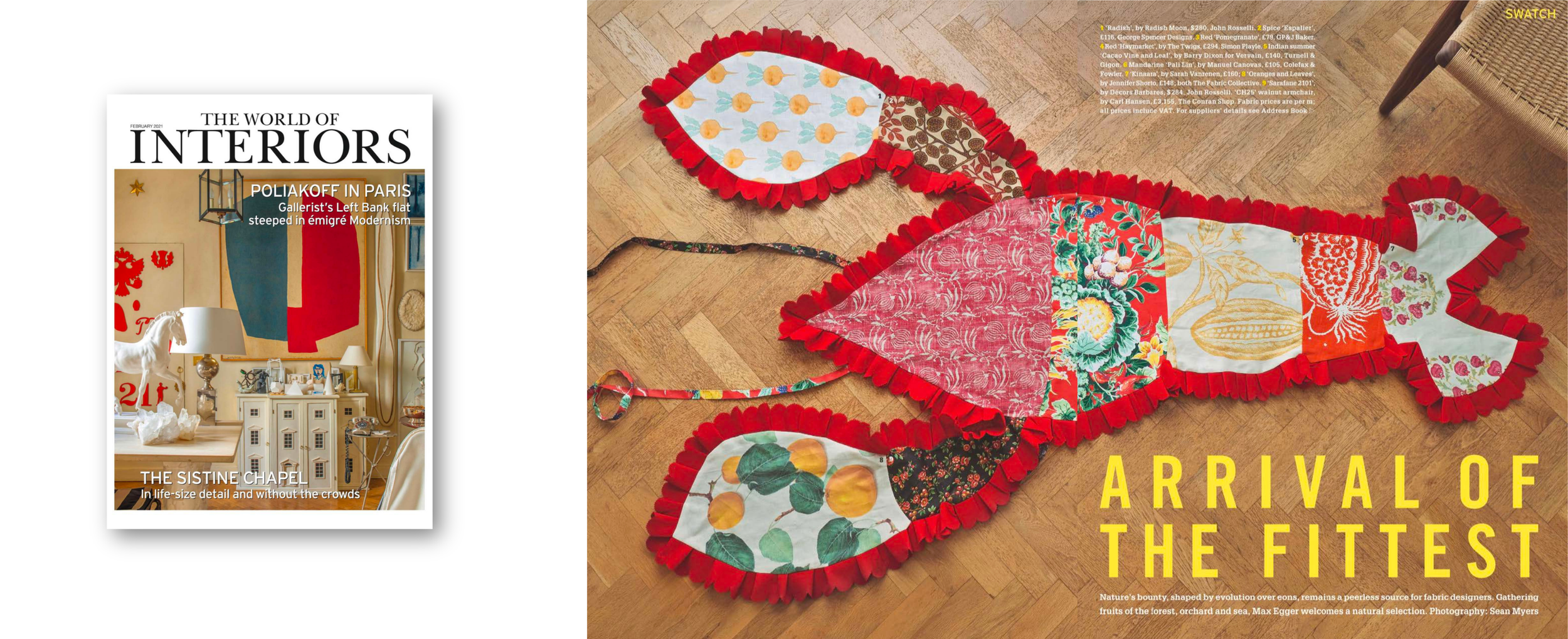 Colorful fabric fish-shaped ornament with red ruffled edges and various patterned fabric sections, laid on a wooden floor.