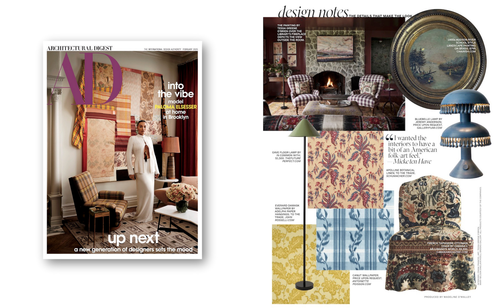 a magazine cover titled popular interior design magazine showing a woman in white standing in a room with colorful fabric artwork on the wall, a plaid armchair, and a floral arrangement on a table