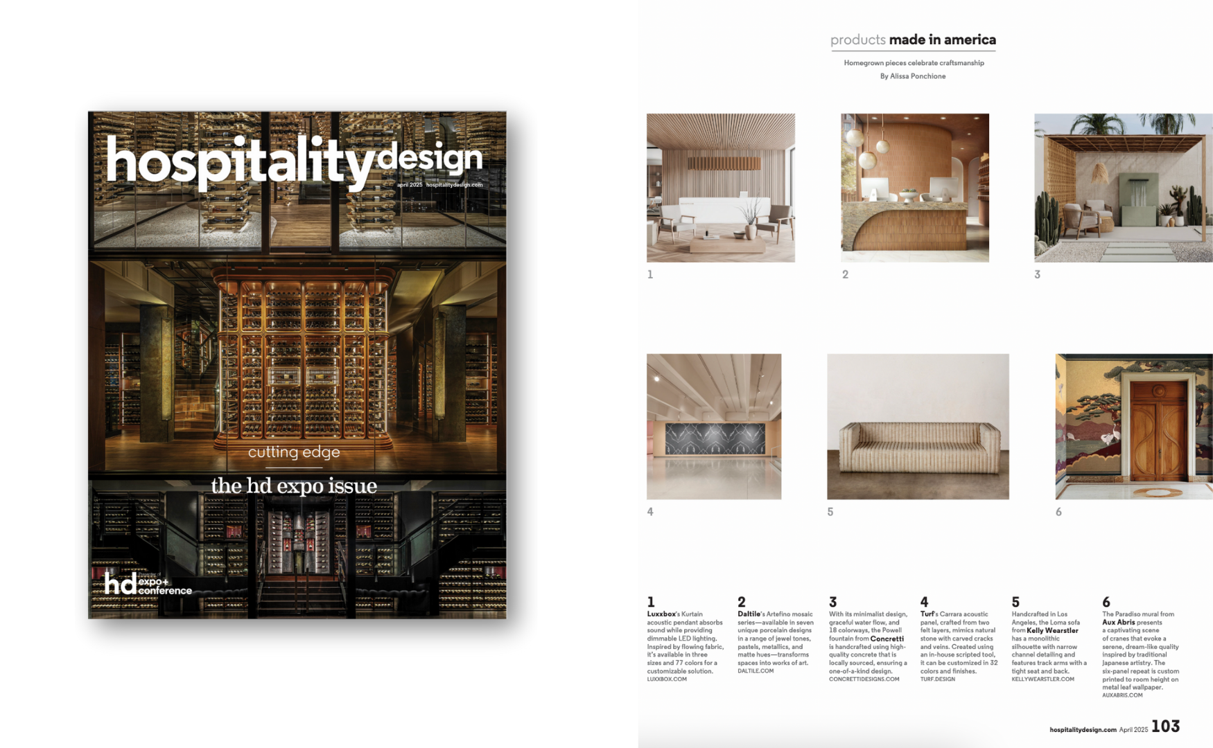 Magazine cover titled "hospitality design" featuring a modern wine cellar with glass walls and pillared wine racks, with the tagline "cutting edge" and "the hd expo issue." Inside pages showcase images of interior design elements like a white sofa, w