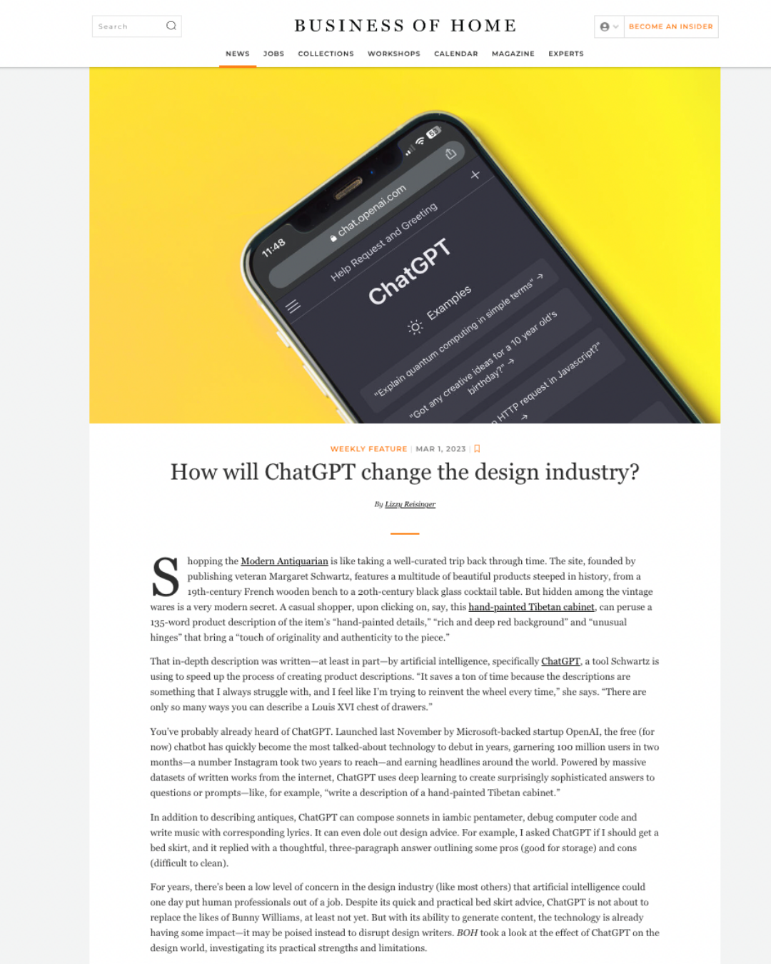 Screenshot of an article titled "How will ChatGPT change the design industry?" with a preview of a mobile phone screen displaying ChatGPT chat interface on a yellow background.