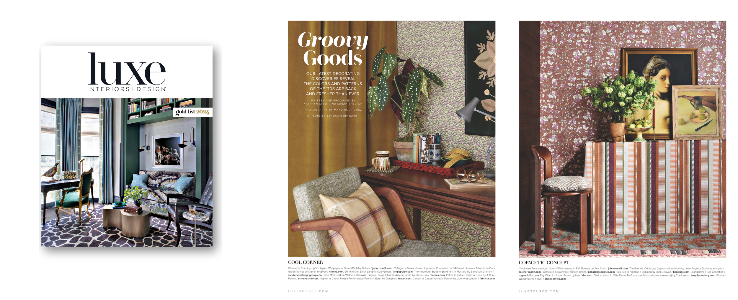Page of interior design magazine featuring three rooms with vintage and modern decor, floral wallpaper, artwork, and patterned textiles.