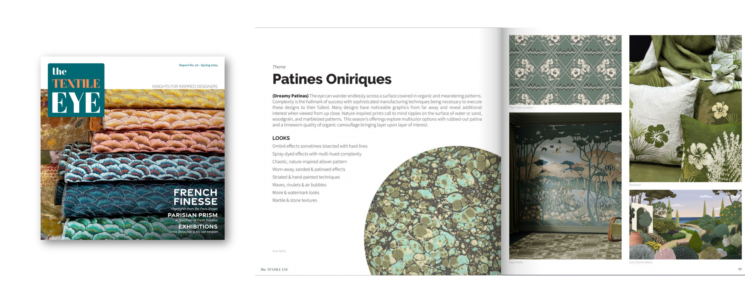 Open magazine spread with fabric samples, patterned wallpaper, and nature-inspired art, highlighting textile designs and interior decor.