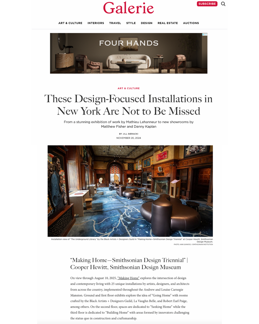 An art and culture magazine webpage featuring an article about design-focused installations in New York, with a header advertisement for Four Hands furniture, and a photo of a room from the Smithsonian Design Museum.
