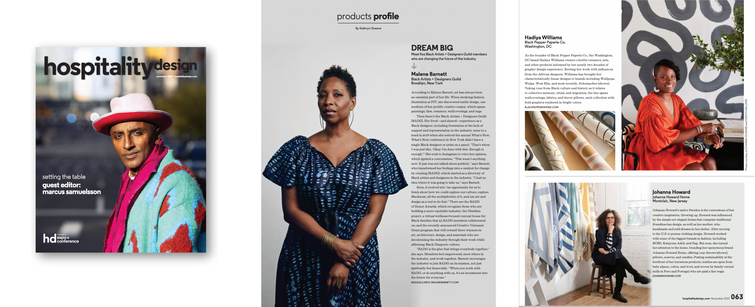 Cover of Hospitality Design magazine with a person wearing a pink hat and colorful clothing. Internal pages featuring a woman in a blue dress with short hair and hoop earrings, and additional images of women with textile and design backgrounds.