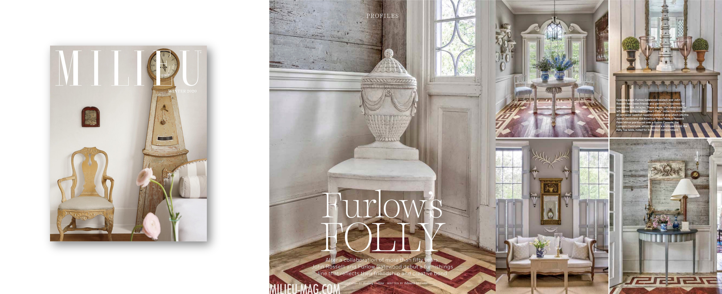 Decorative interior design collage featuring vintage furniture and home decor items, including a painted chair, clock, urn, table with vases, and a mirror, in a cozy and elegant setting.