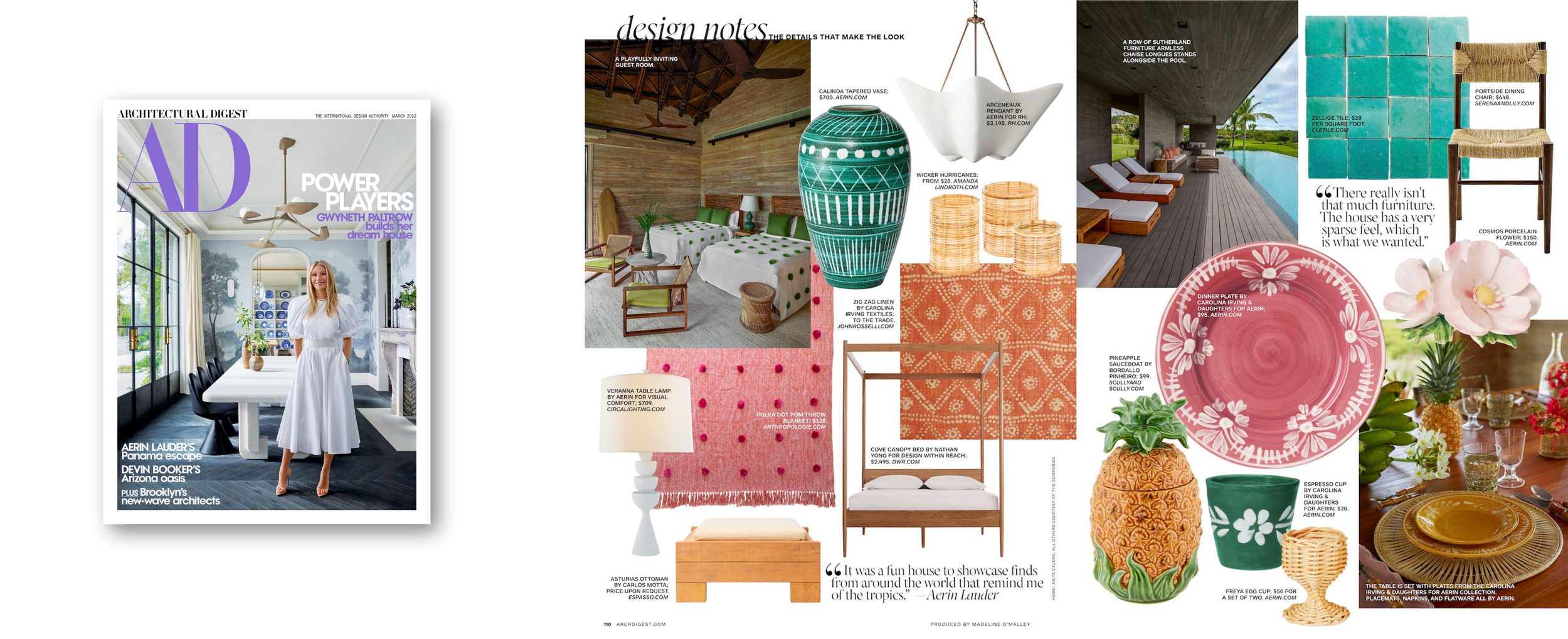 A magazine spread featuring various interior design items and decor. The left side shows the cover of Architectural Digest with a woman in a white dress. The right side displays an interior room with wooden furniture, a poolside lounge area, colorful