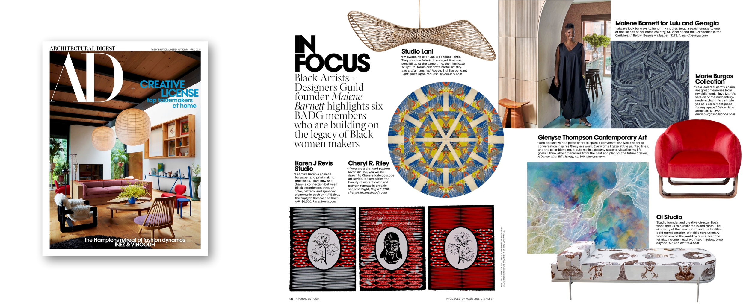 A magazine spread featuring interior design and artwork. The left page shows a modern living room with colorful furniture and hanging paper lamps, titled 'ARCHITECTURAL DIGEST' with the subtitle 'CREATIVE LICENSE top tastemakers at home.' The right p