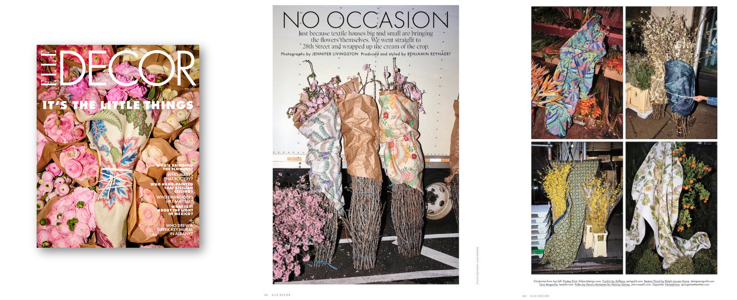 A magazine cover titled 'Elle Decor' featuring pink flowers and decorated textiles wrapped in paper, with a headline 'It's the little things'.