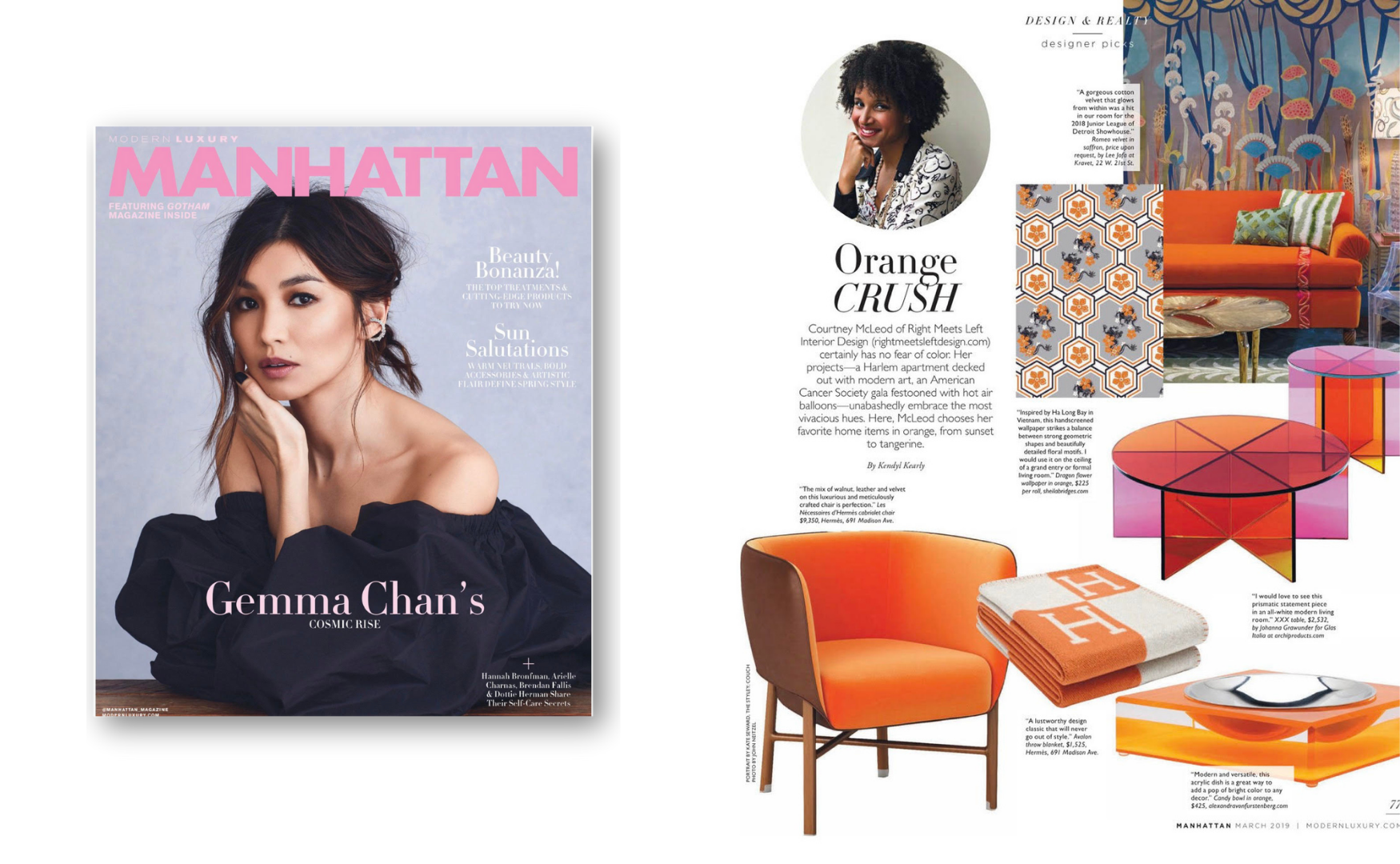 Open magazine spread featuring a cover of a woman on the left with pink title text 'MANHATTAN' and a right page with interior design images and text about the color orange, including furniture and decor items.