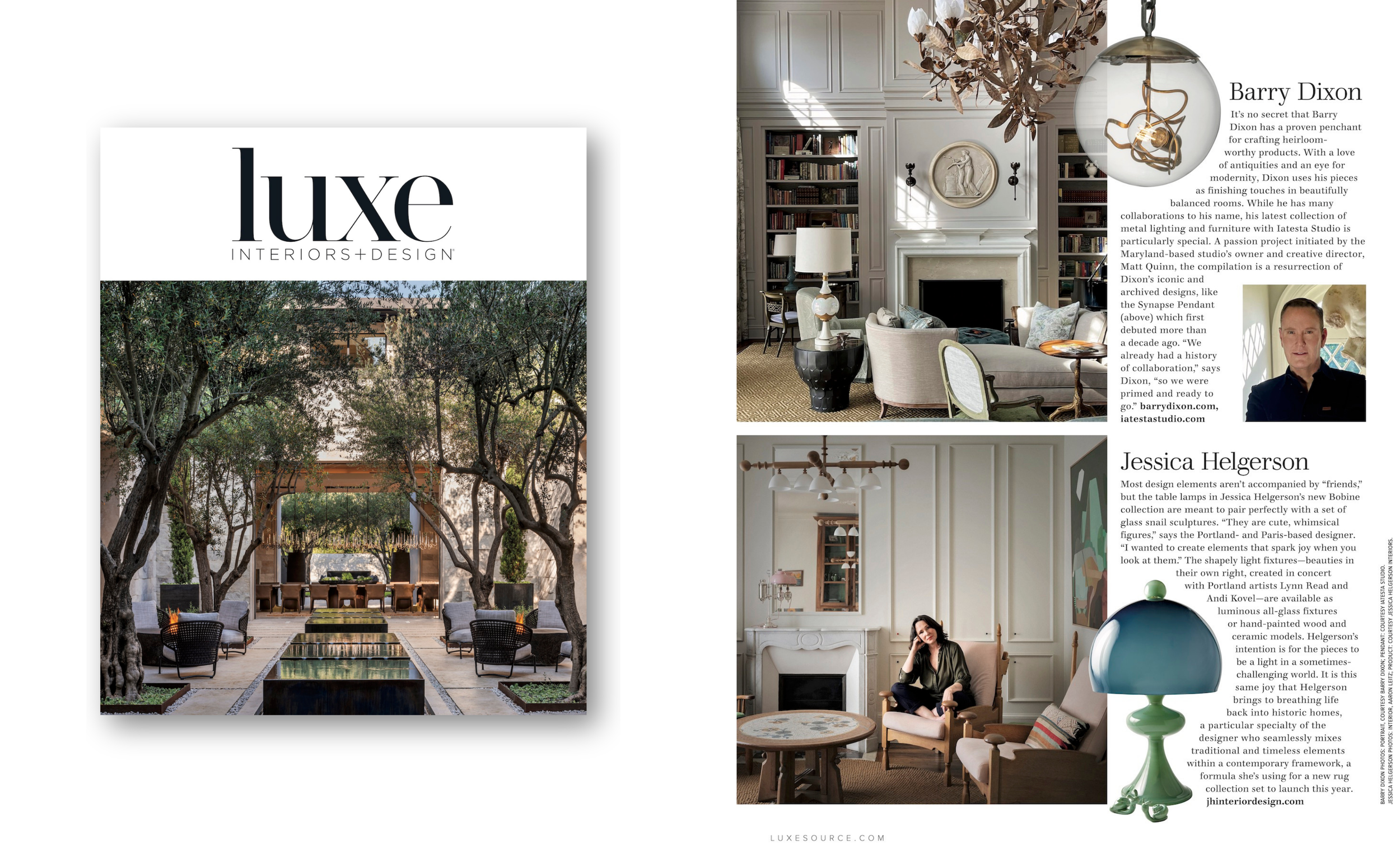 The cover of Luxe Interiors + Design magazine featuring an outdoor patio space surrounded by trees on the left side, and on the right side, an interior living room with a fireplace, bookshelves, and modern decor, along with images and bios of interio