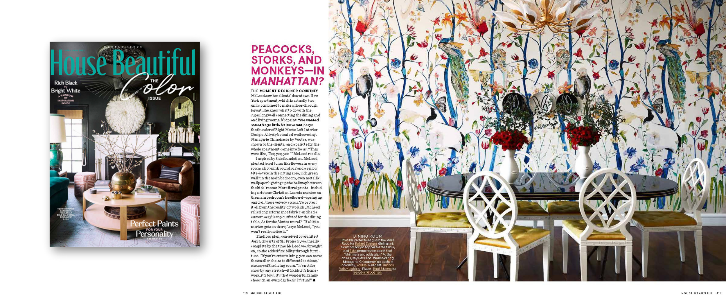 Magazine spread featuring a colorful mural of birds, animals, and trees on the right page and a cover of House Beautiful magazine on the left page.
