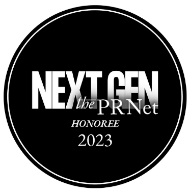 Award circle with the text 'Next Gen PR Net Honoree 2023' inside.