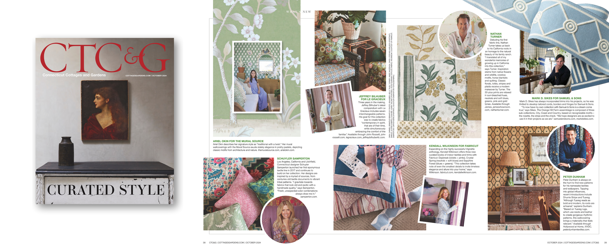 Open magazine spread of Connecticut Cottages and Gardens featuring interior decor, fabric patterns, and home styling. Includes images of people and design details.