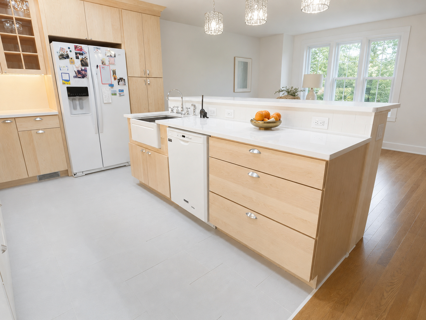 kitchen island, farmers sink, bar height counter top 