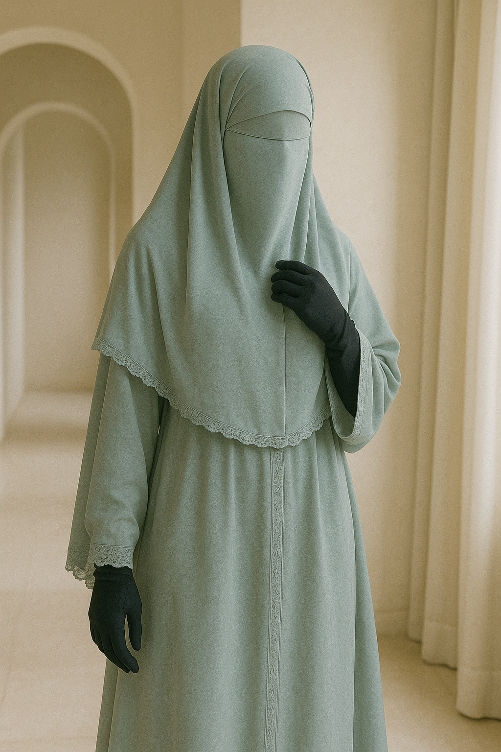 A person dressed in a modest, light green dress with a matching hijab, wearing black gloves, standing in a room with beige walls and arched doorways.