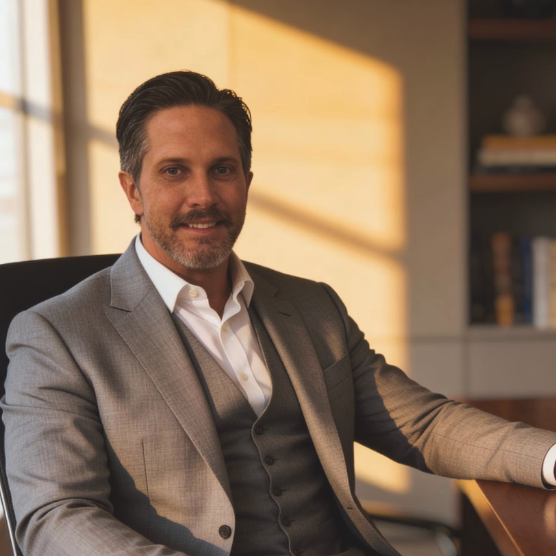 Close-up portrait of a smiling man with light skin, short brown hair, blue eyes, and a beard, wearing a black shirt, against a dark background.