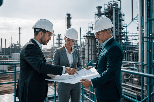 Professionals reviewing industrial recruiting needs in a modern manufacturing environment