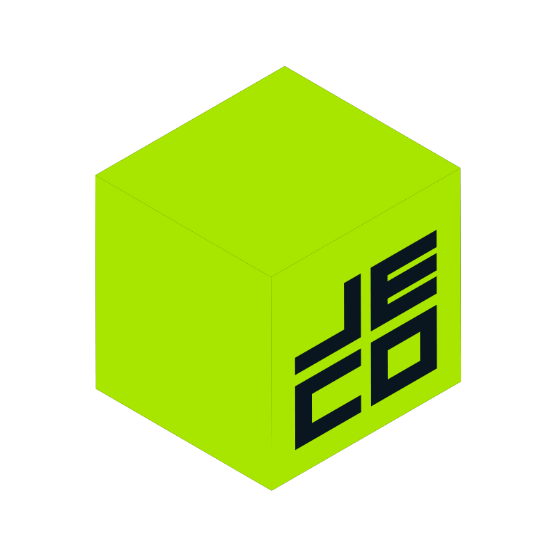 A bright green 3D cube with black geometric symbols on one side, set against a black background.