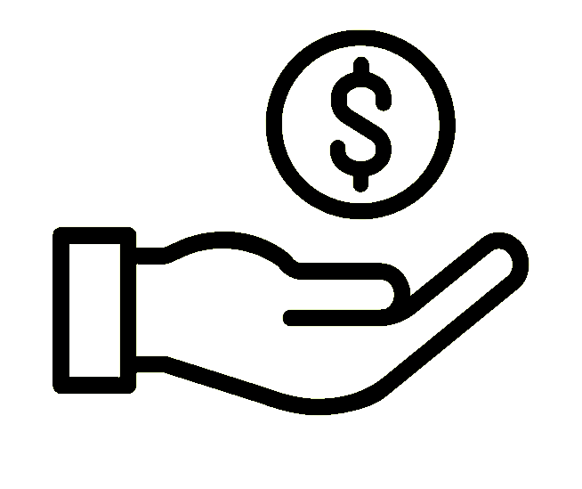 Outline of a hand holding a dollar coin with a dollar sign in the center.