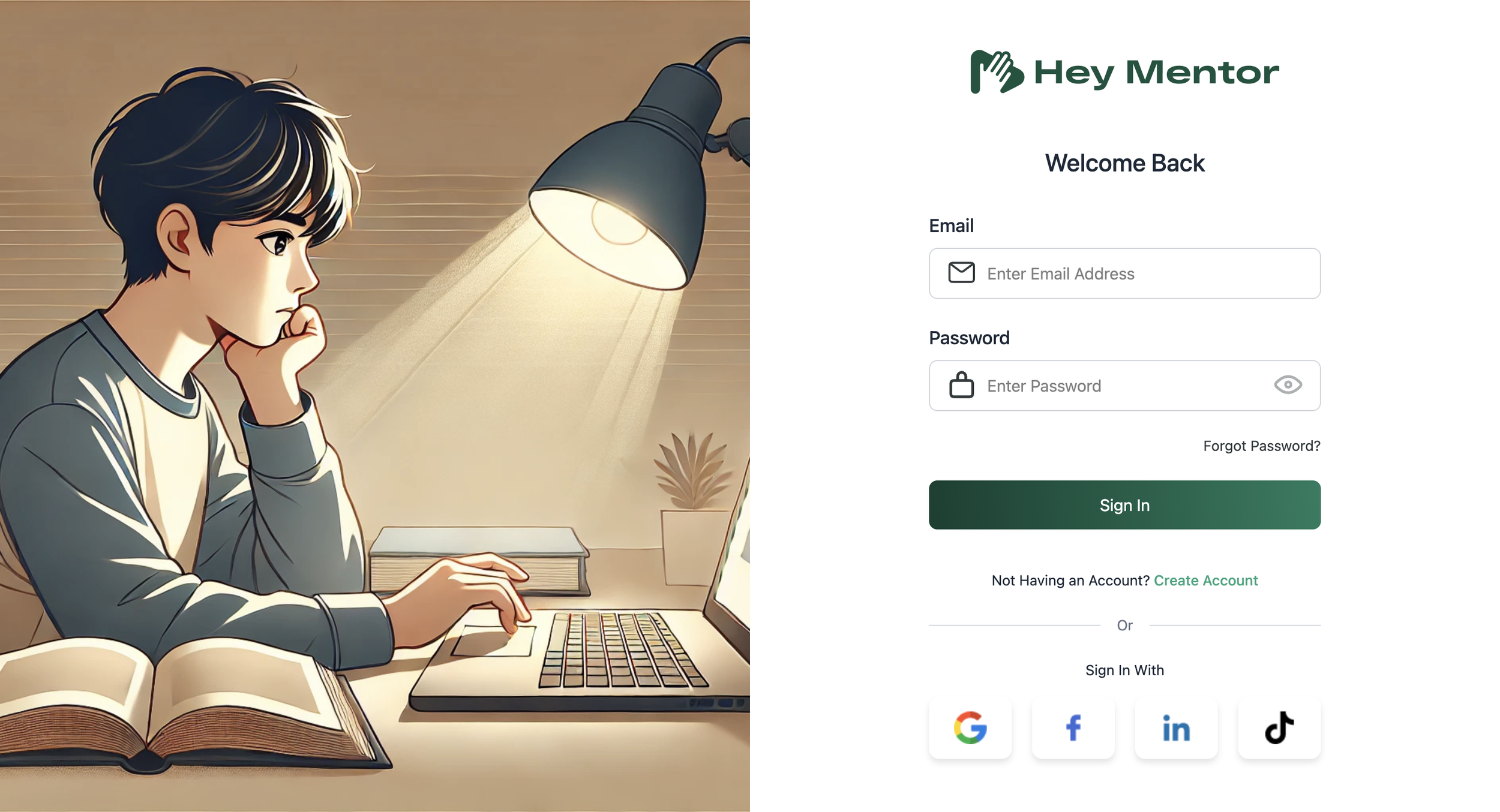 Illustration of a young person studying at a desk with an open book and a laptop, lit by a desk lamp, alongside a website login screen for Hey Mentor.