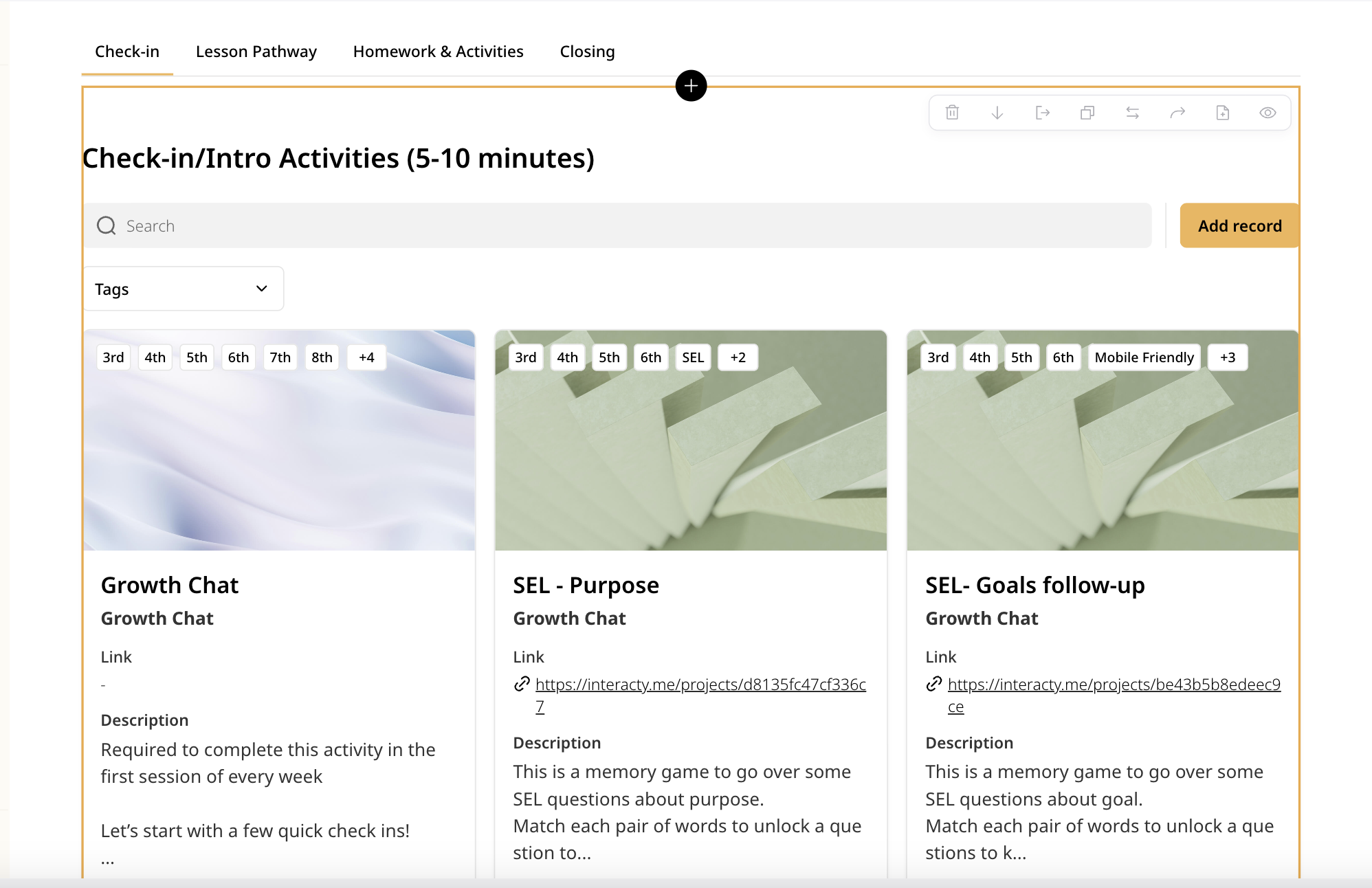 Screenshot of an online course activity page titled 'Check-in/Intro Activities (5-10 minutes),' displaying three memory game activities named 'Growth Chat,' 'SEL - Purpose,' and 'SEL - Goals follow-up,' with links, descriptions, and tags.