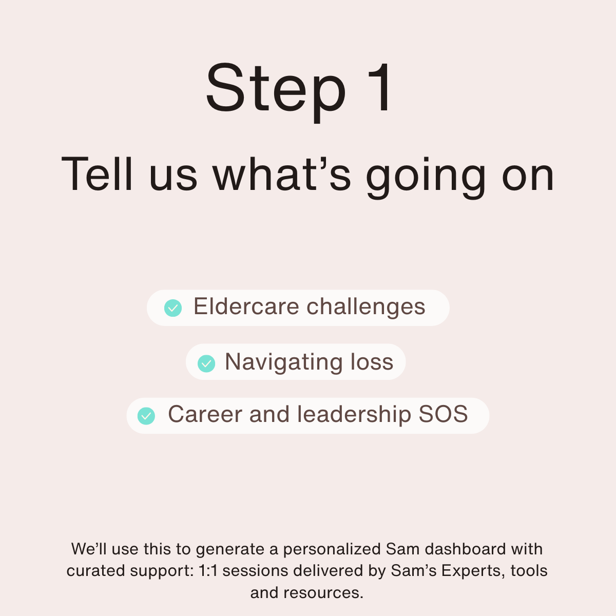 A digital dashboard screen displaying a step 1 prompt to tell whats going on, with checkmarks next to eldercare challenges, navigating loss, and career and leadership SOS. There is a brief description about generating a personalized Sam dashboard with support and resources.