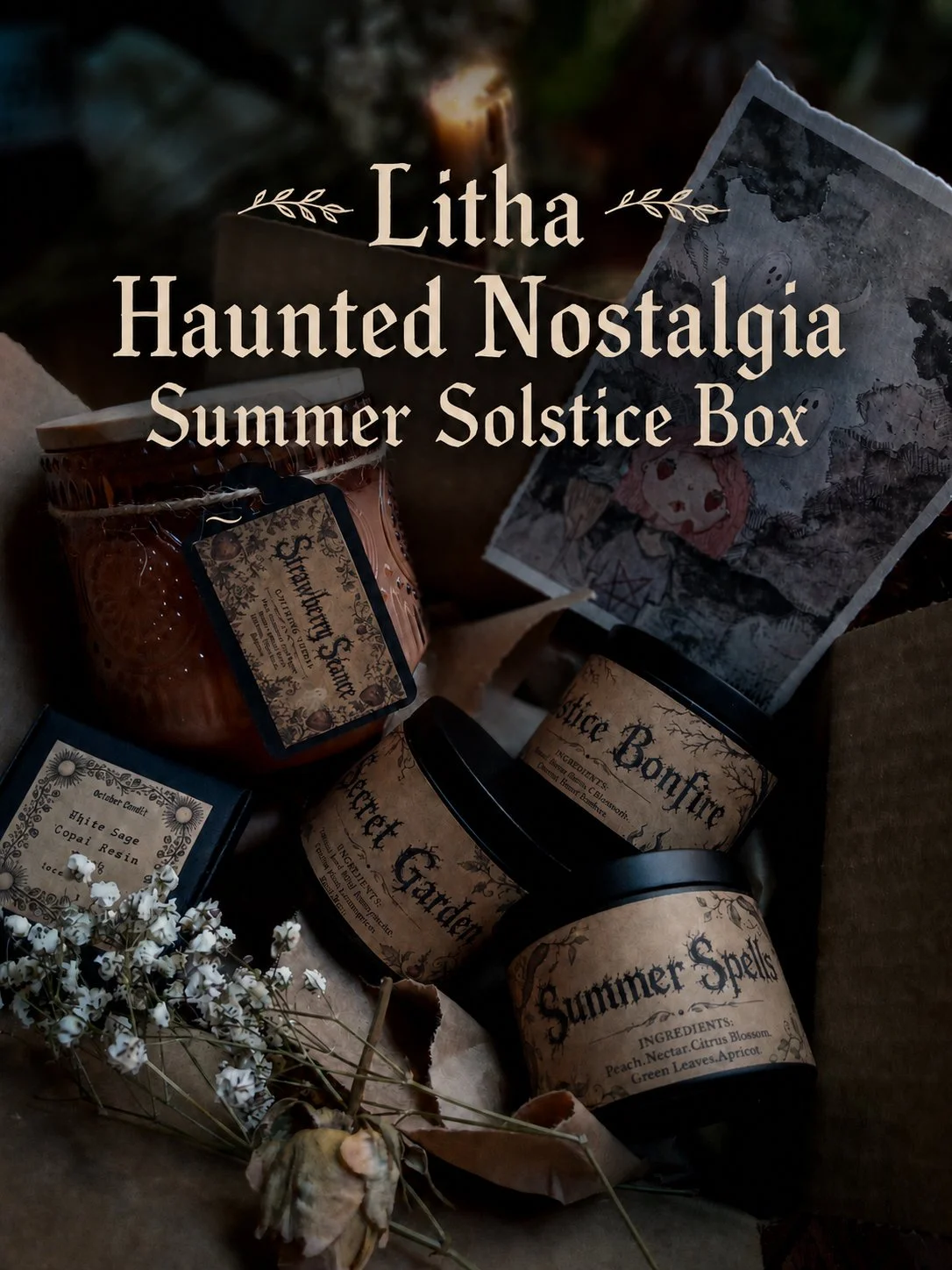 A collection of Halloween-themed products including a jar labeled 'Haunted Spirit', a small box, and containers labeled 'Summer Spells' and 'Witch's Garden'. There are dried flowers and a black-and-white picture in the background.