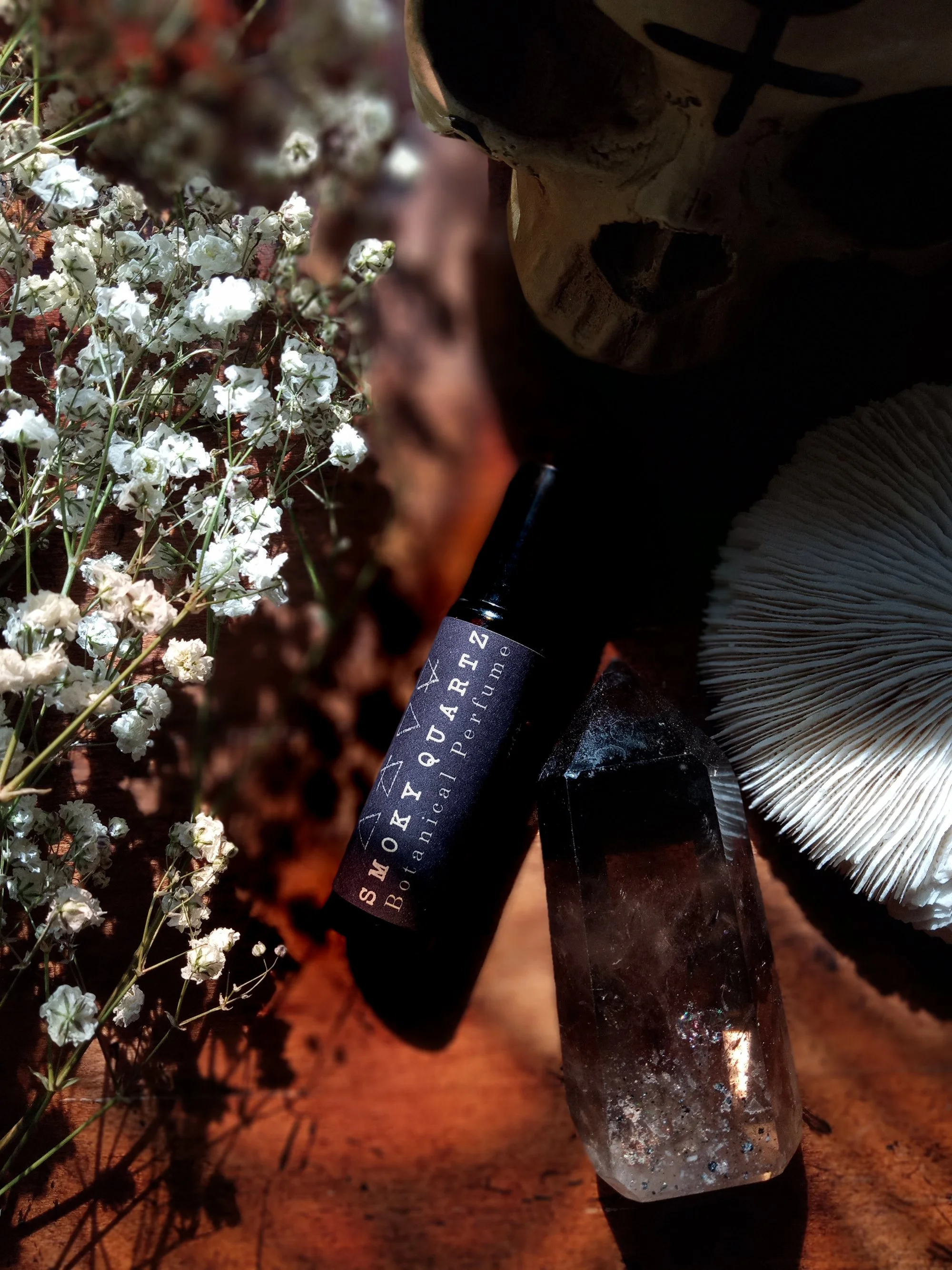 Smoky Quartz Natural Perfume with Smoke Infusion, Incense Resins, Tonka Bean, Vanilla Absolute, Pathouli. Vegan. Botanical Fragrance.
