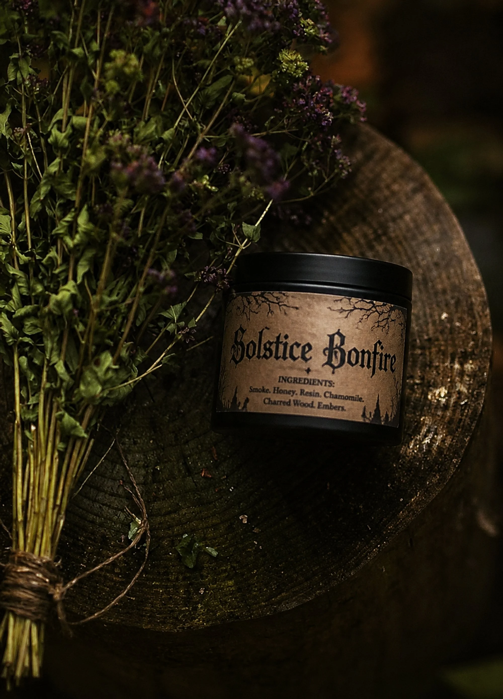 SOLSTICE BONFIRE | Wood Wick + Coconut Wax - smoke, honey, resin, chamomile, charred wood, embers