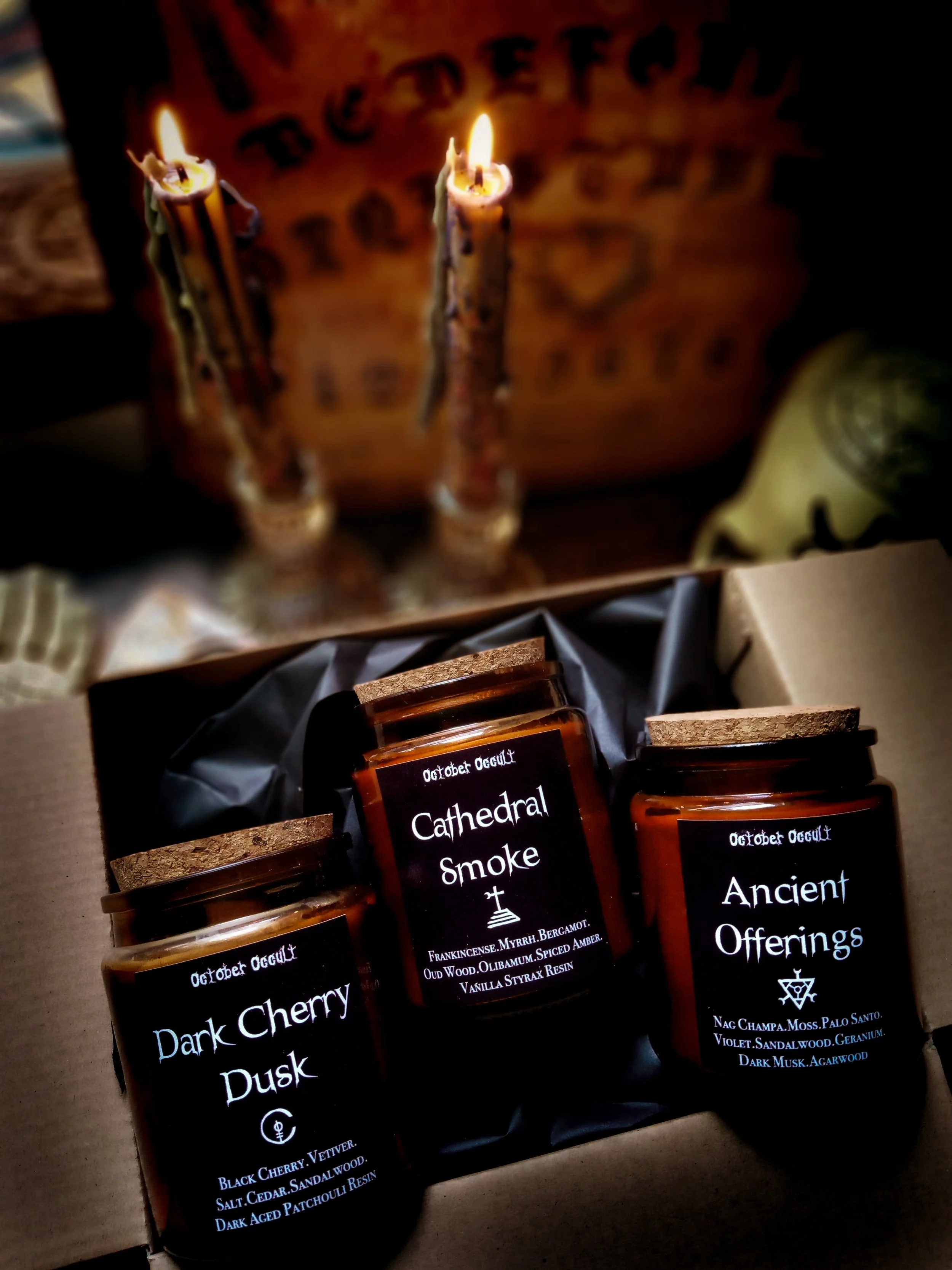 SACRED INCENSE COLLECTION ~ Frankincense, Myrrh, Nag Champa, Black Cherry Patchouli  | Soy Coconut Wax | Altar Candles | Wood Wicks