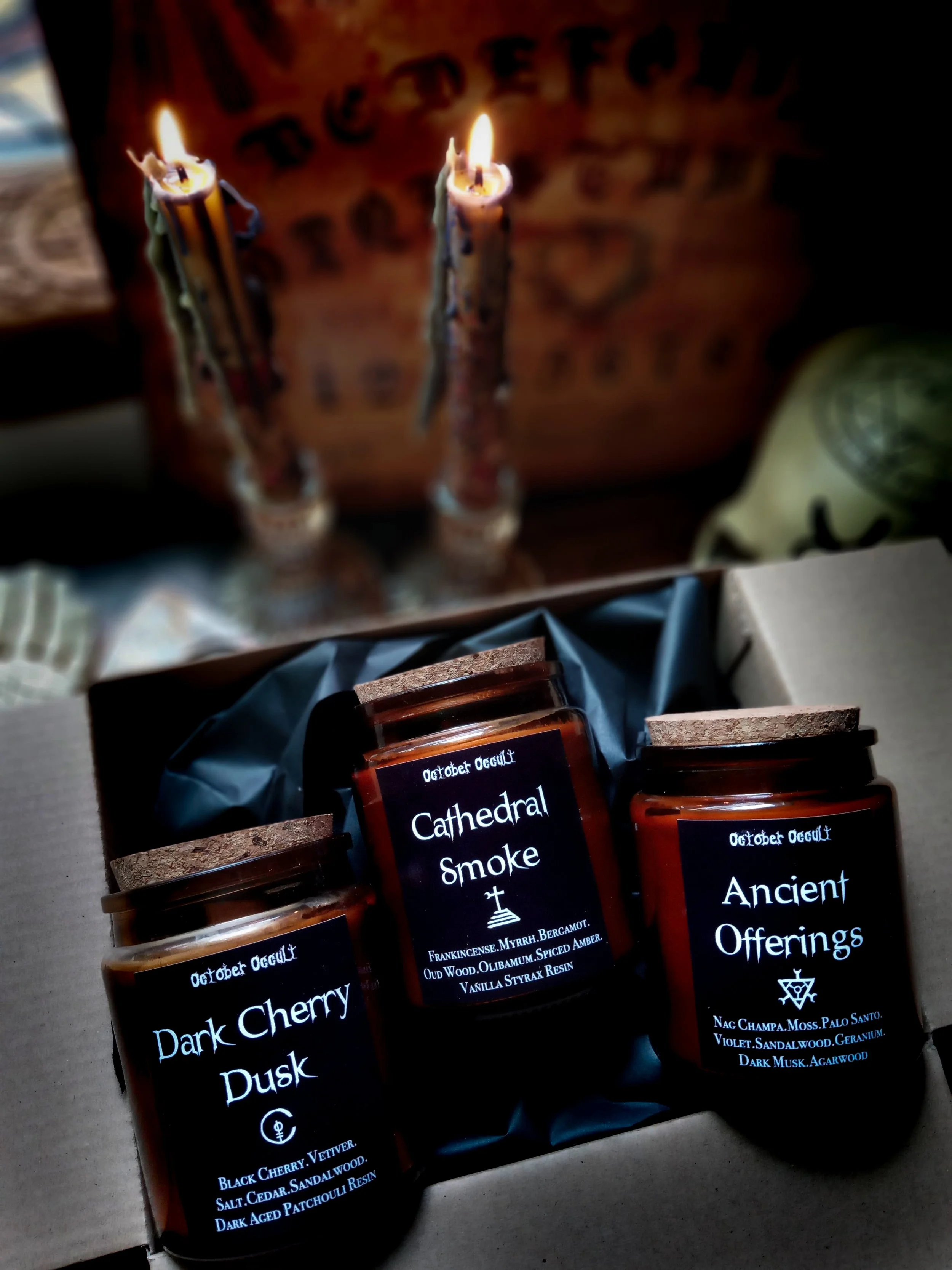 SACRED INCENSE COLLECTION ~ Frankincense, Myrrh, Nag Champa, Black Cherry Patchouli  | Soy Coconut Wax | Altar Candles | Wood Wicks