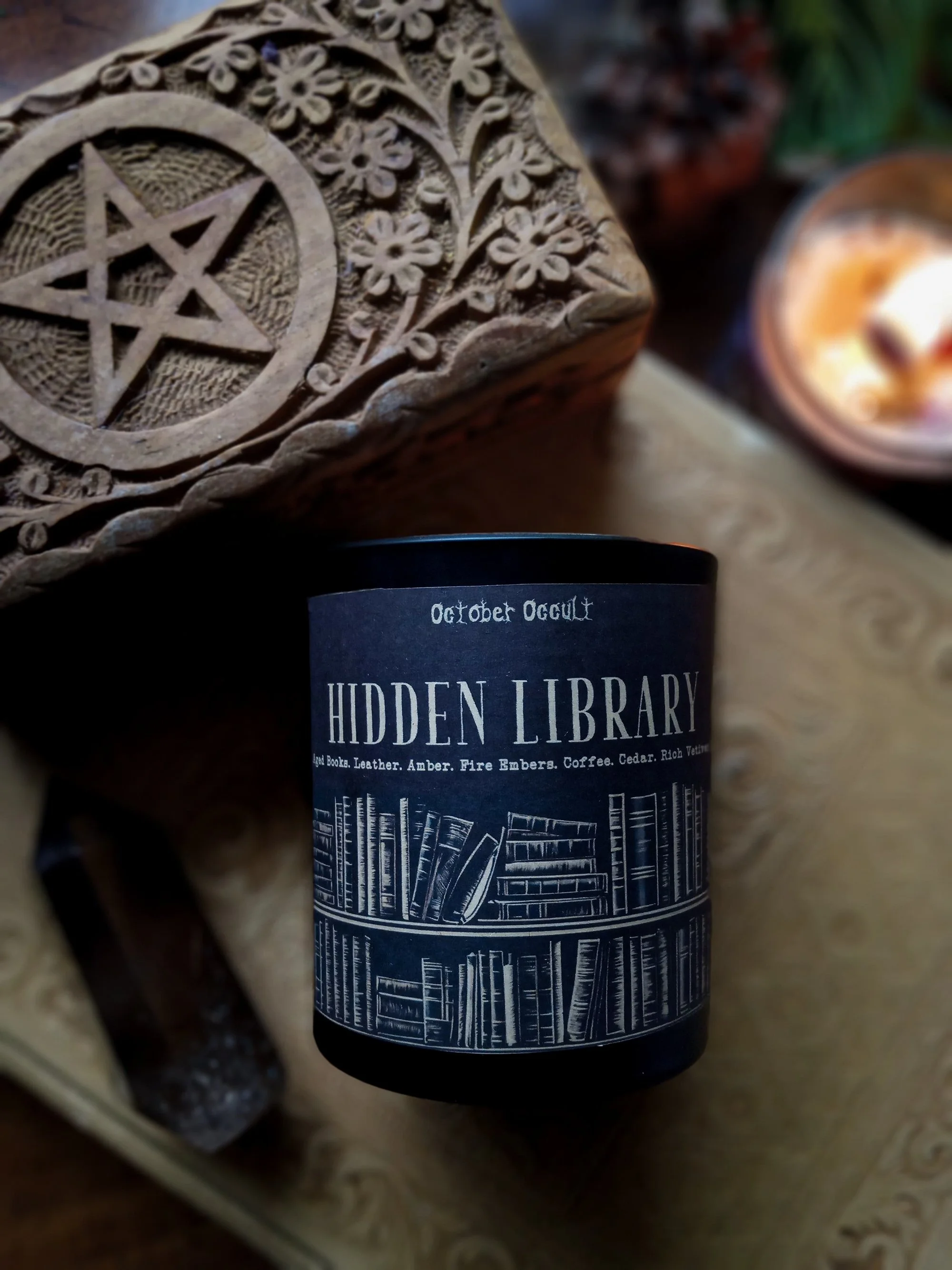 HIDDEN LIBRARY | Wood Wick + Soy Coconut Wax Blend - aged books, coffee bean, fire embers