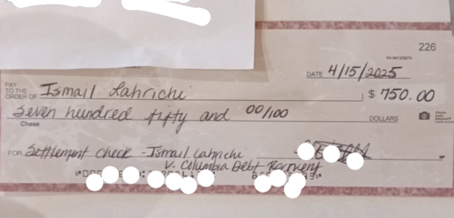 Settlement Check lawsuit against debt collector Columbia Debt Recovery
