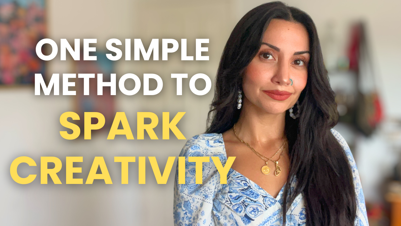 A woman with long dark hair, wearing jewelry and a blue patterned dress, standing indoors with a blurred background. Text overlay reads: 'One Simple Method to Spark Creativity.'