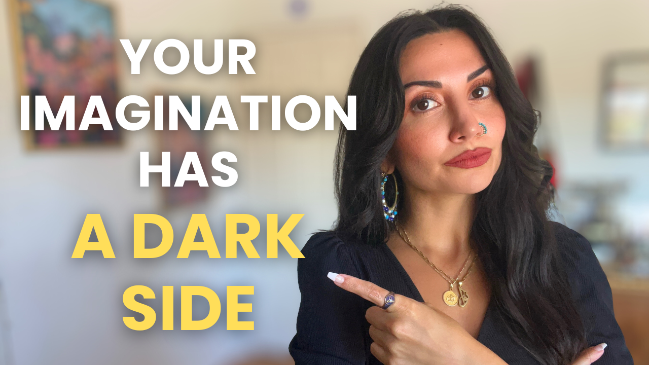 A woman with dark, wavy hair, wearing jewelry, and pointing to the text on the left side of the image, which reads 'Your imagination has a dark side'.