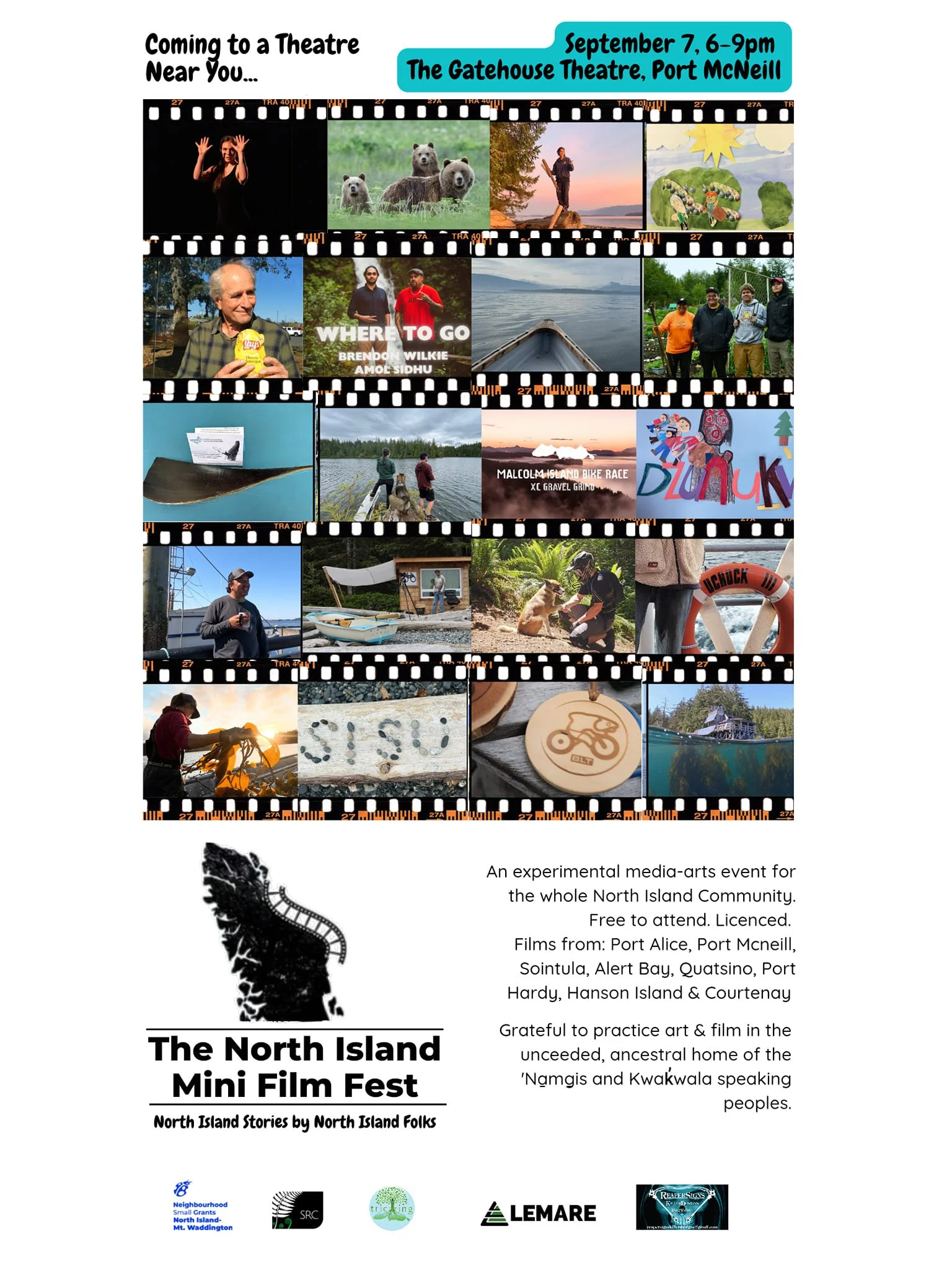 Flyer for the North Island Mini Film Fest featuring films and images of nature, outdoor activities, and community events. The flyer includes event details such as date, time, location, and participating film sources, along with logos of sponsors at the bottom.