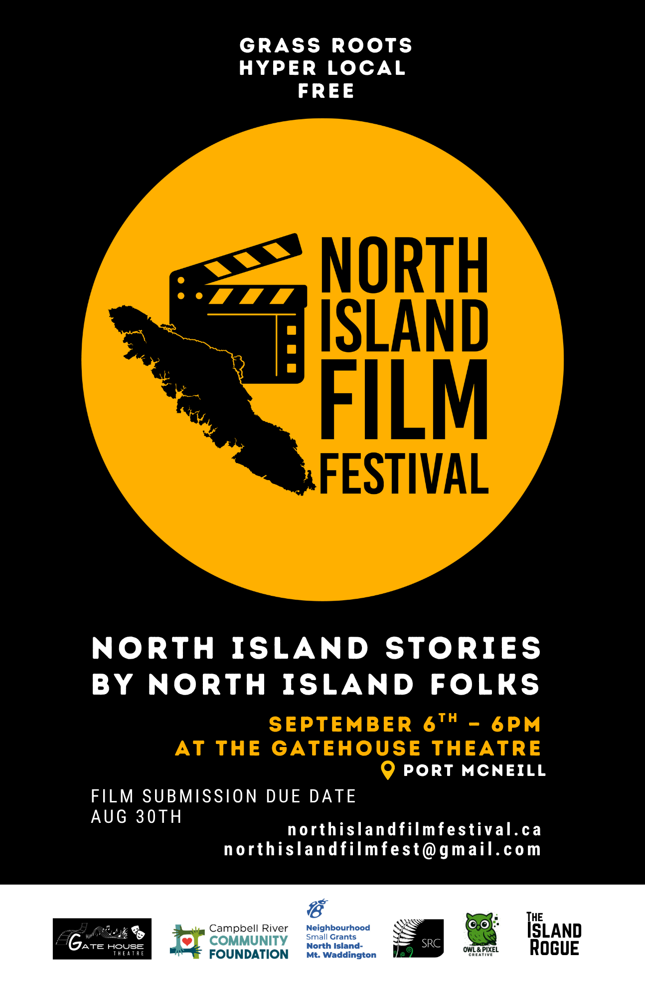 Poster for North Island Film Festival with a yellow circle background displaying a black silhouette map of North Island, New Zealand, and an icon of a film clapperboard. Below are details about the event, including date, time, location, and submission deadline, with logos at the bottom.