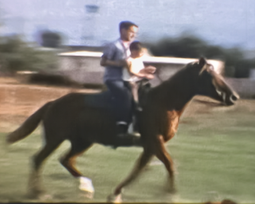 A man and child riding double on a chestnut horse, circa 1960s