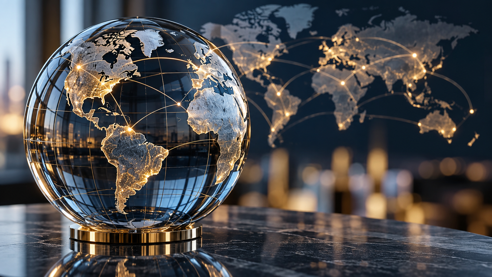 A glass globe with illuminated world map and connecting lines, placed on a polished surface with a blurred global map in the background.