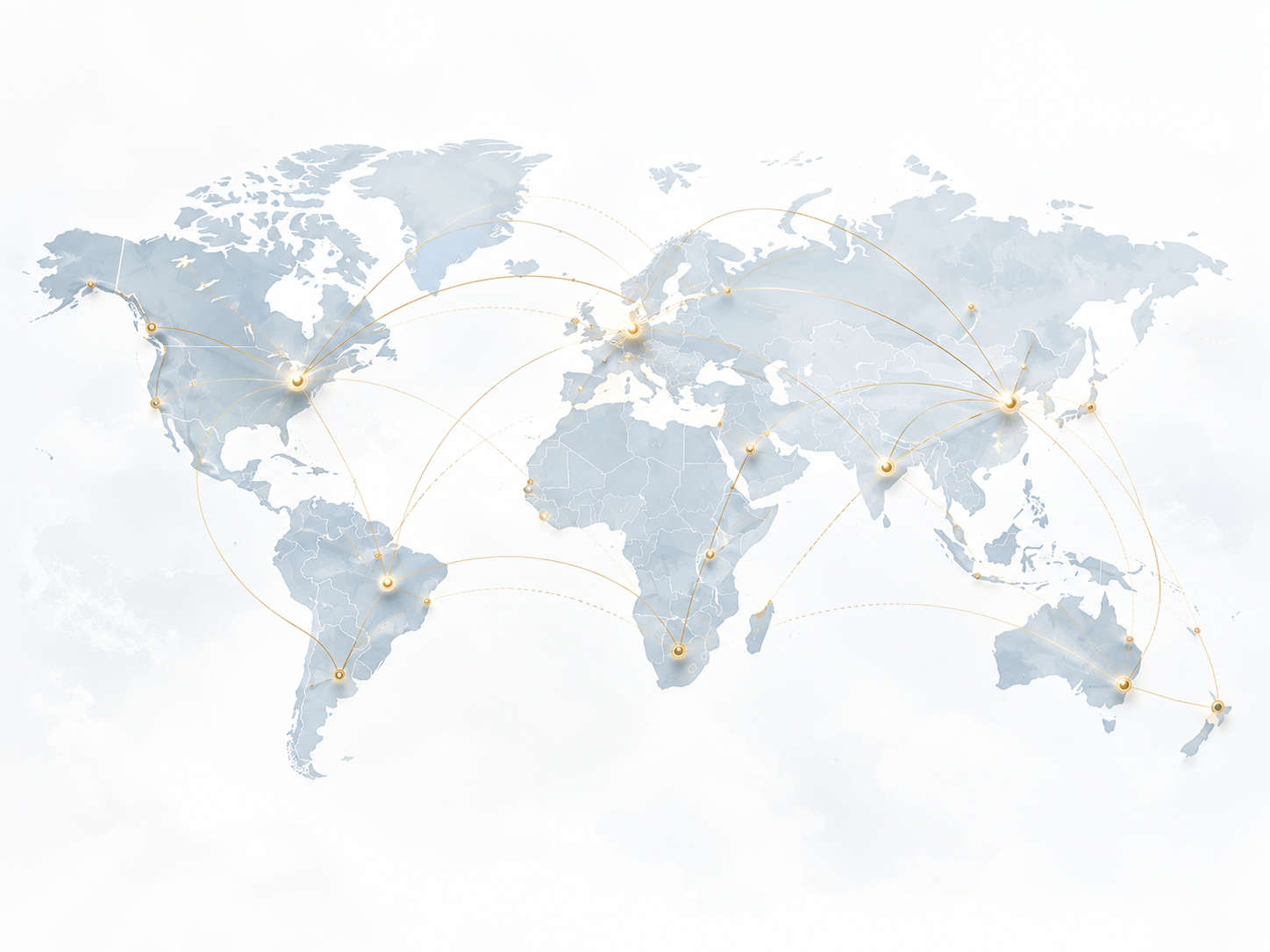 A world map with interconnected points across continents, illustrating global connectivity.