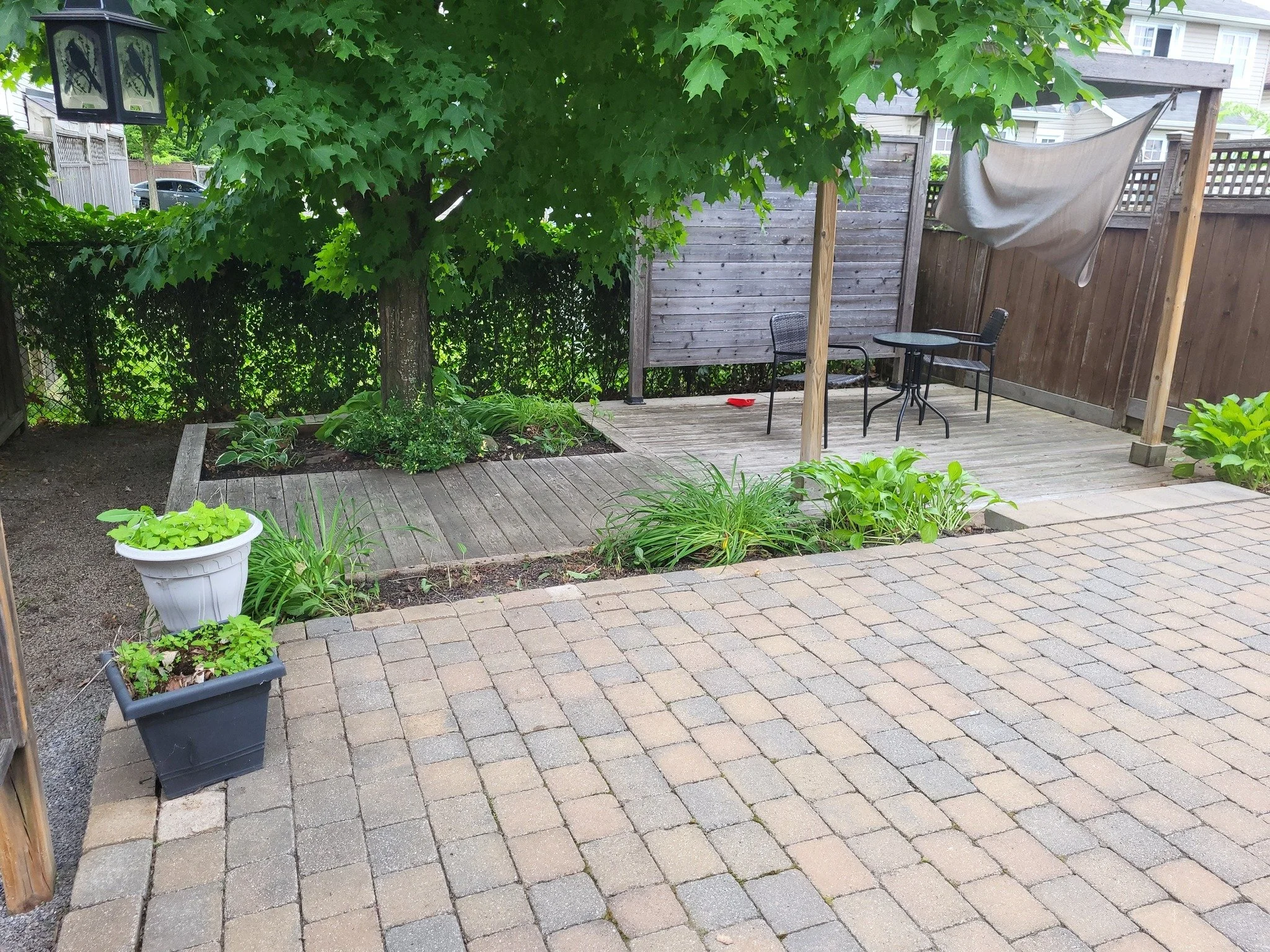 A backyard patio with brick pavers, a small wooden deck, a large leafy tree, green plants in pots and beds, a table with two chairs, a fabric shade, and a wooden privacy fence.'}