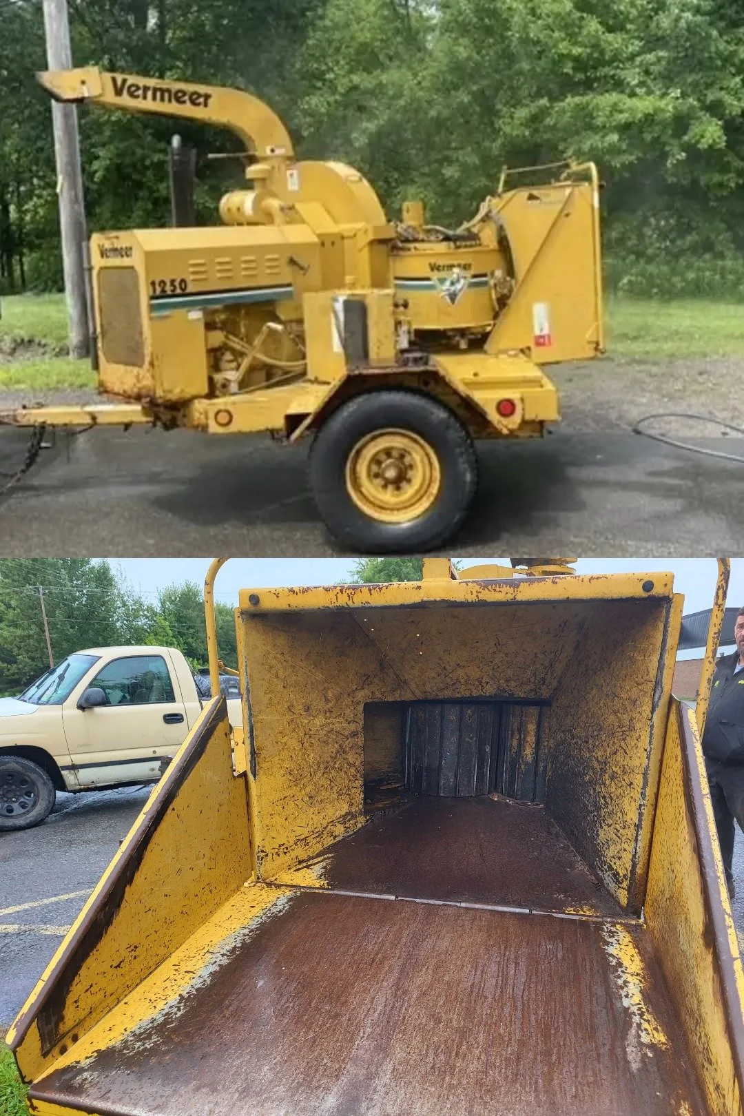 Yellow Vermeer industrial wood chipper with large chute and grinding chamber, parked outdoors with trees in the background; interior of the chipper's grinding chamber showing rust and grime.