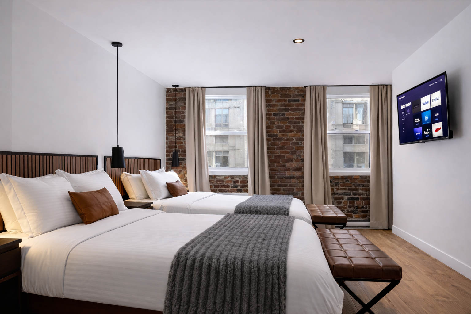 Chambre moderne avec deux lits, rideaux beiges, murs en briques apparentes, télévision murale et fenêtres avec vue sur des bâtiments urbains.