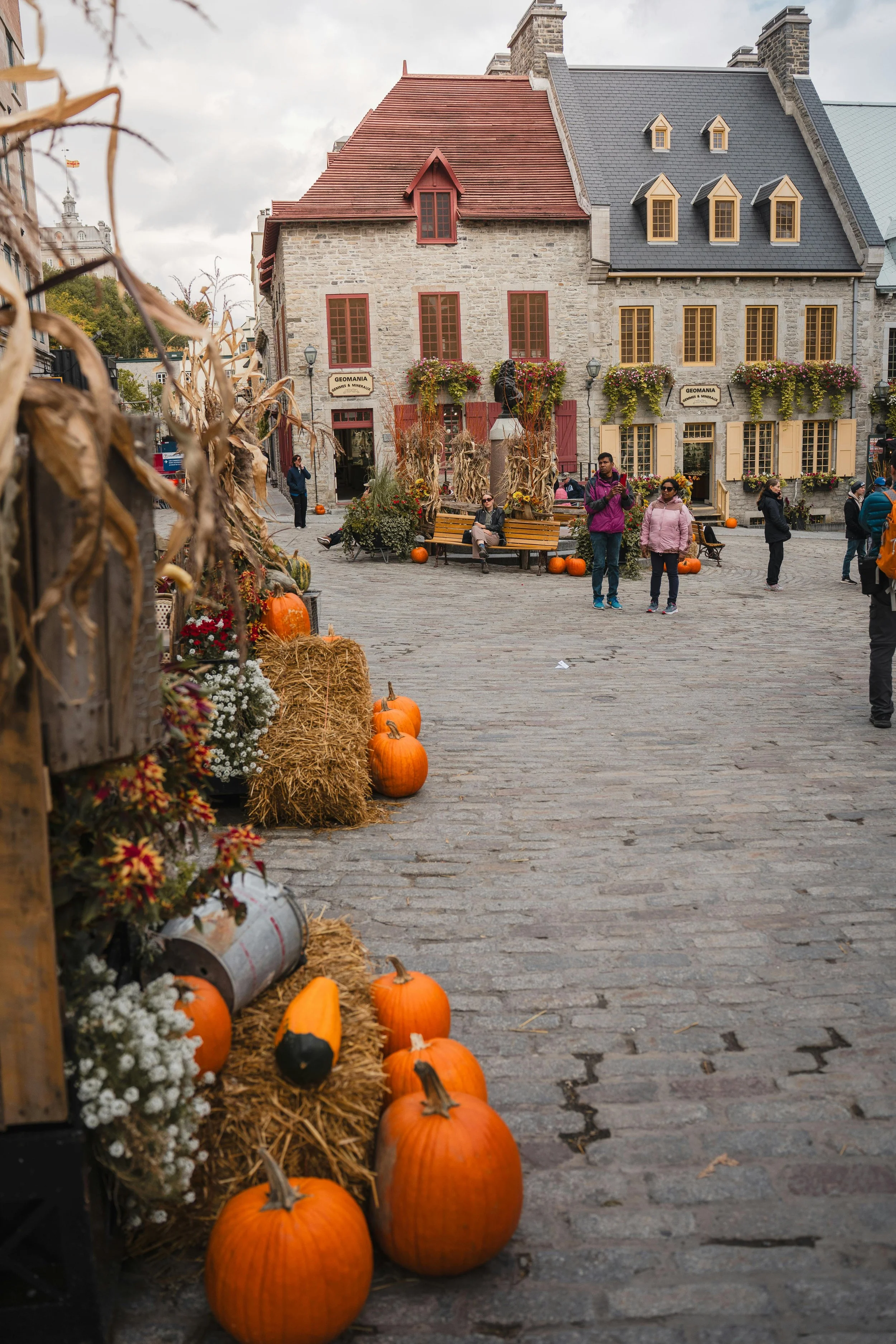 Une place pavée avec des citrouilles, des fleurs et des décorations d'automne devant des bâtiments en pierre avec fenêtres à volets, et des gens qui se promènent.